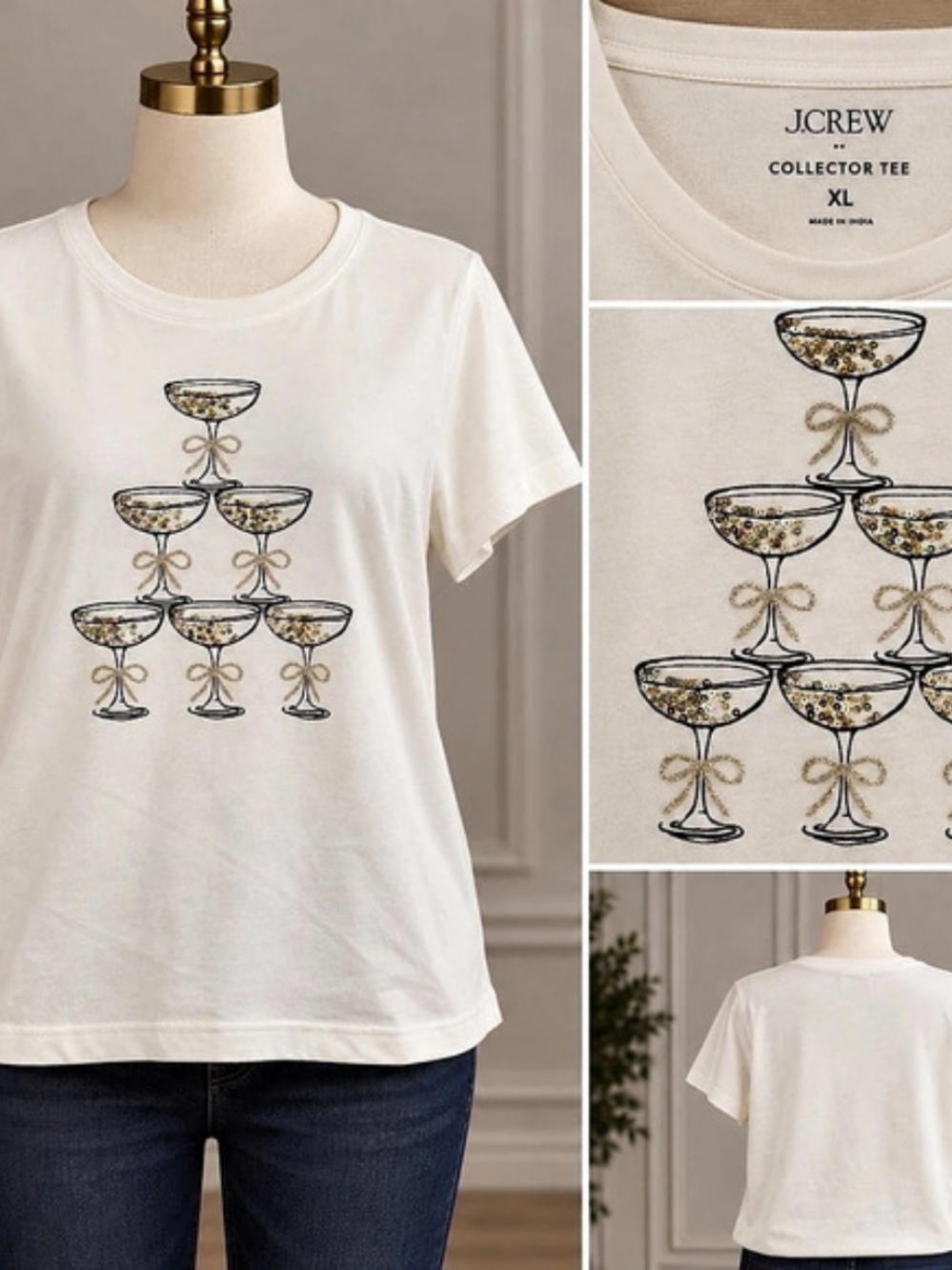 J.Crew Collector Tee XL Ivory Champagne Sequin Cocktail Glass Graphic Top